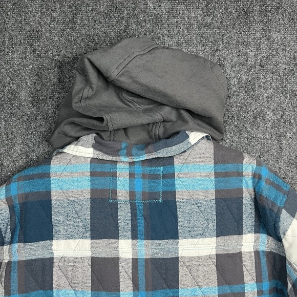 Vintage 90s Y2K OP Shacket Mens L Flannel Plaid Hoodie Quilted Blue Gray Skiwear - Picture 10 of 14